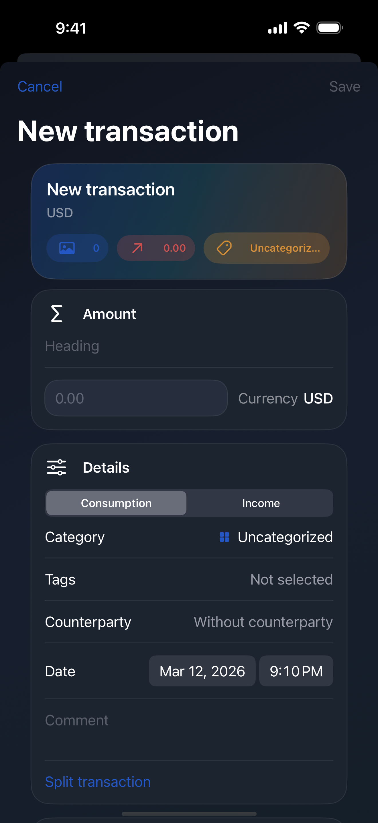 Home Receipt transaction capture screen with receipt details