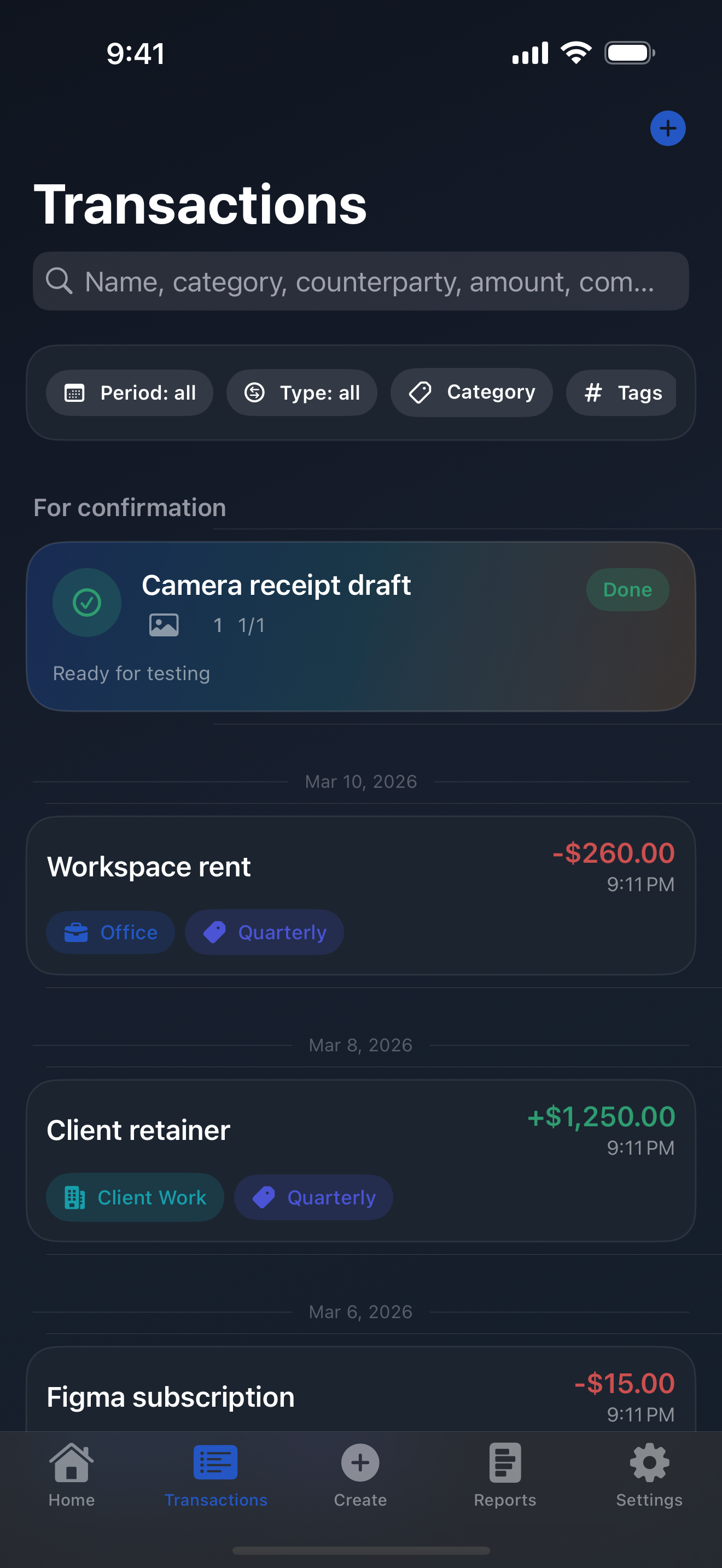 Transactions list with filters, tags, and receipt-aware browsing
